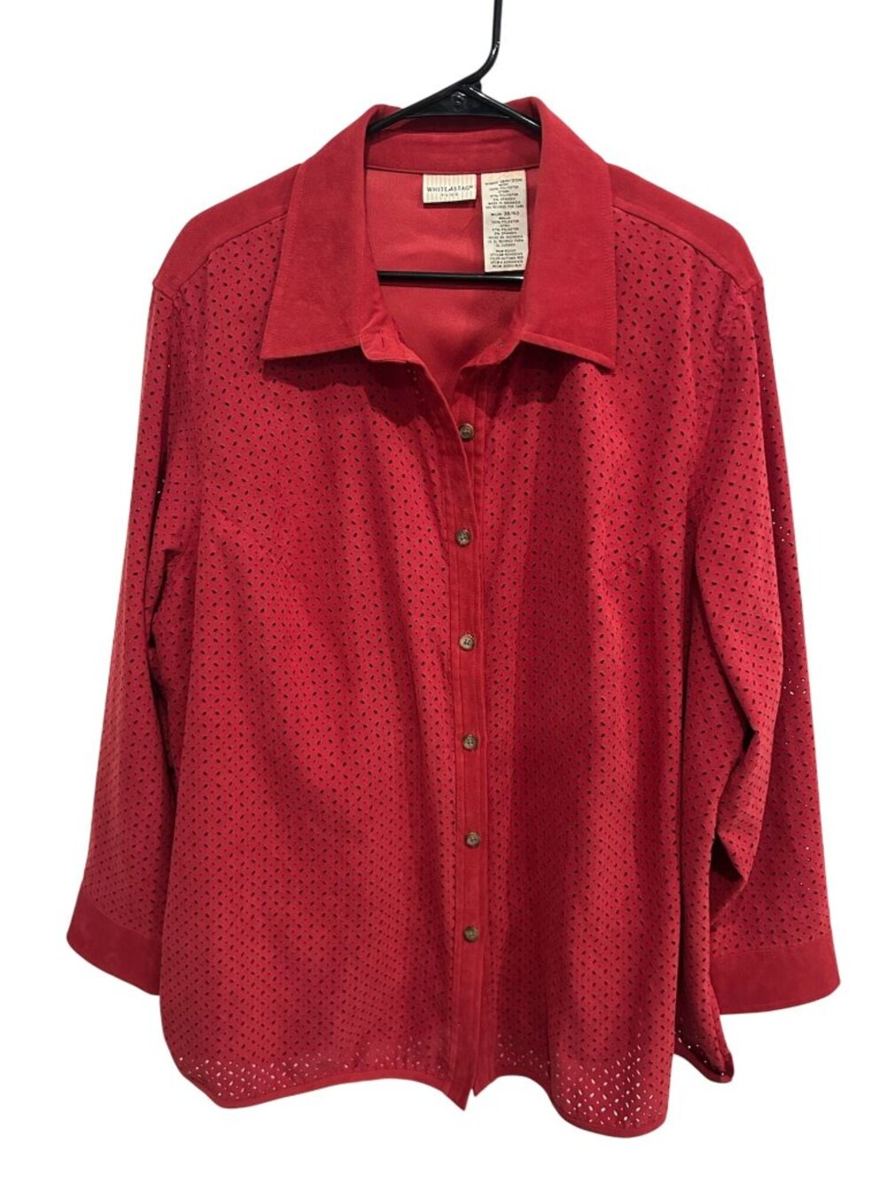 White Stag Plus 18/20 Red Button Down Blouse Perforated Eyelet Boho Retro
